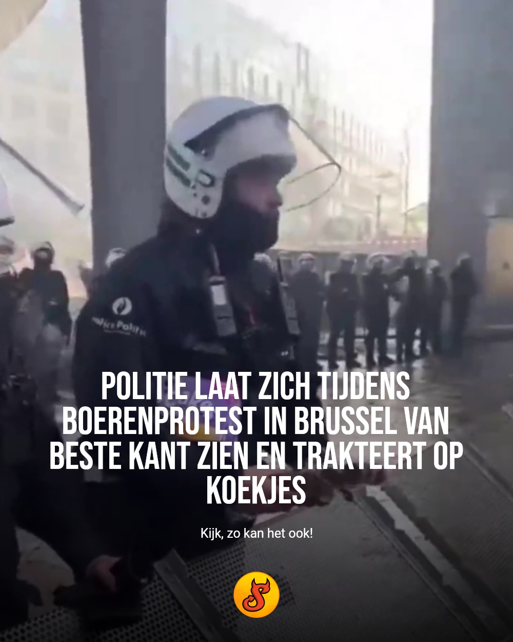 Politie laat zich tijdens boerenprotest in Brussel van beste kant zien en trakteert op koekjes