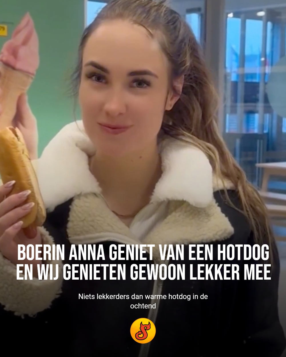 Boerin Anna geniet van een hotdog en wij genieten gewoon lekker mee