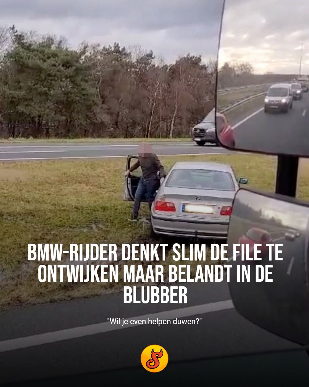 BMW-rijder denkt slim de file te ontwijken maar belandt in de blubber