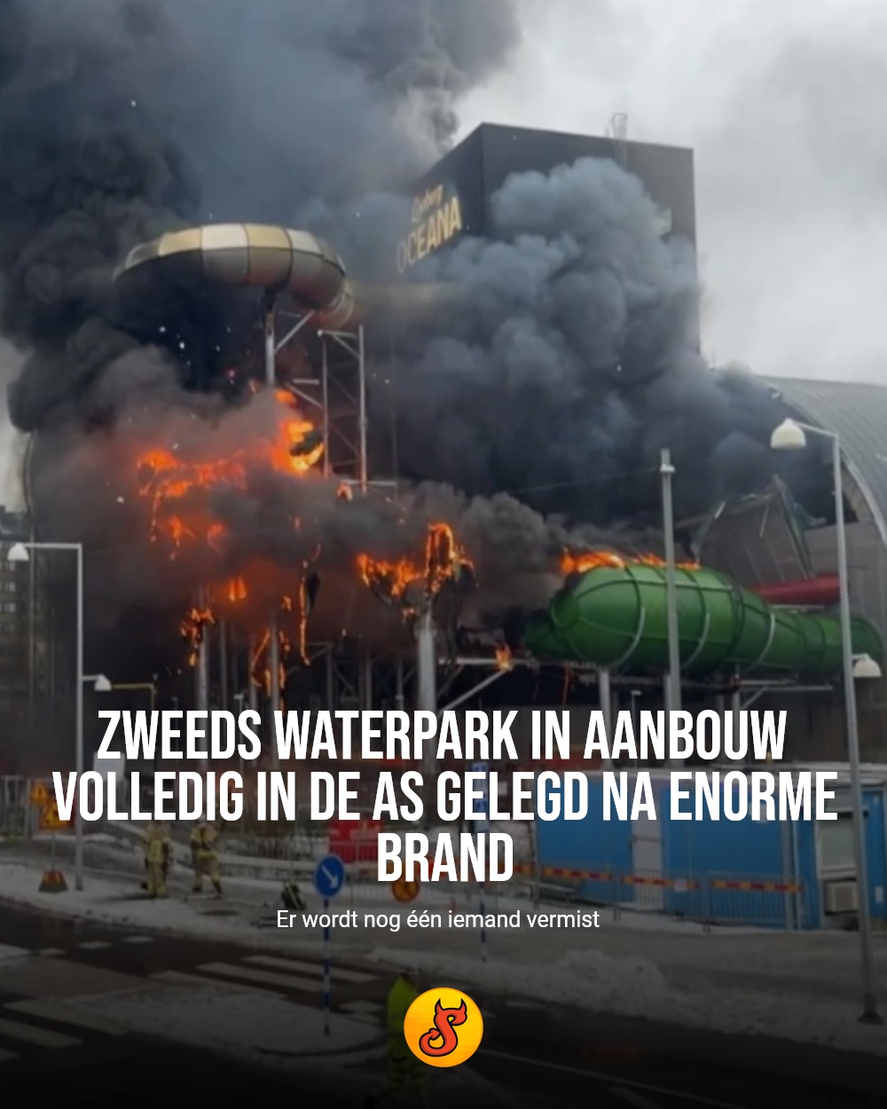 Zweeds waterpark in aanbouw volledig in de as gelegd na enorme brand