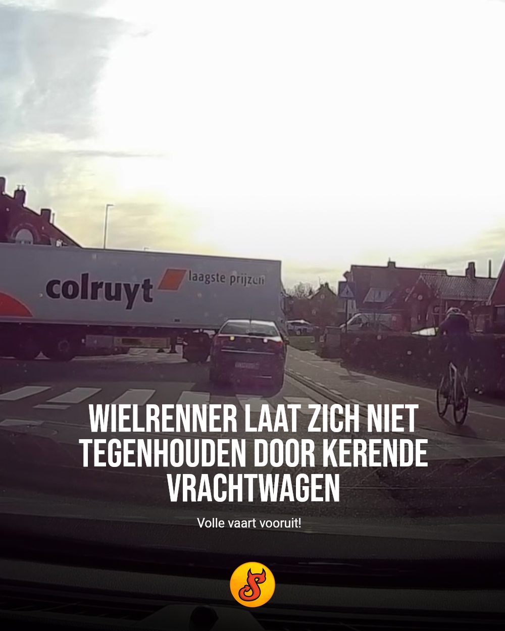 Wielrenner laat zich niet tegenhouden door kerende vrachtwagen