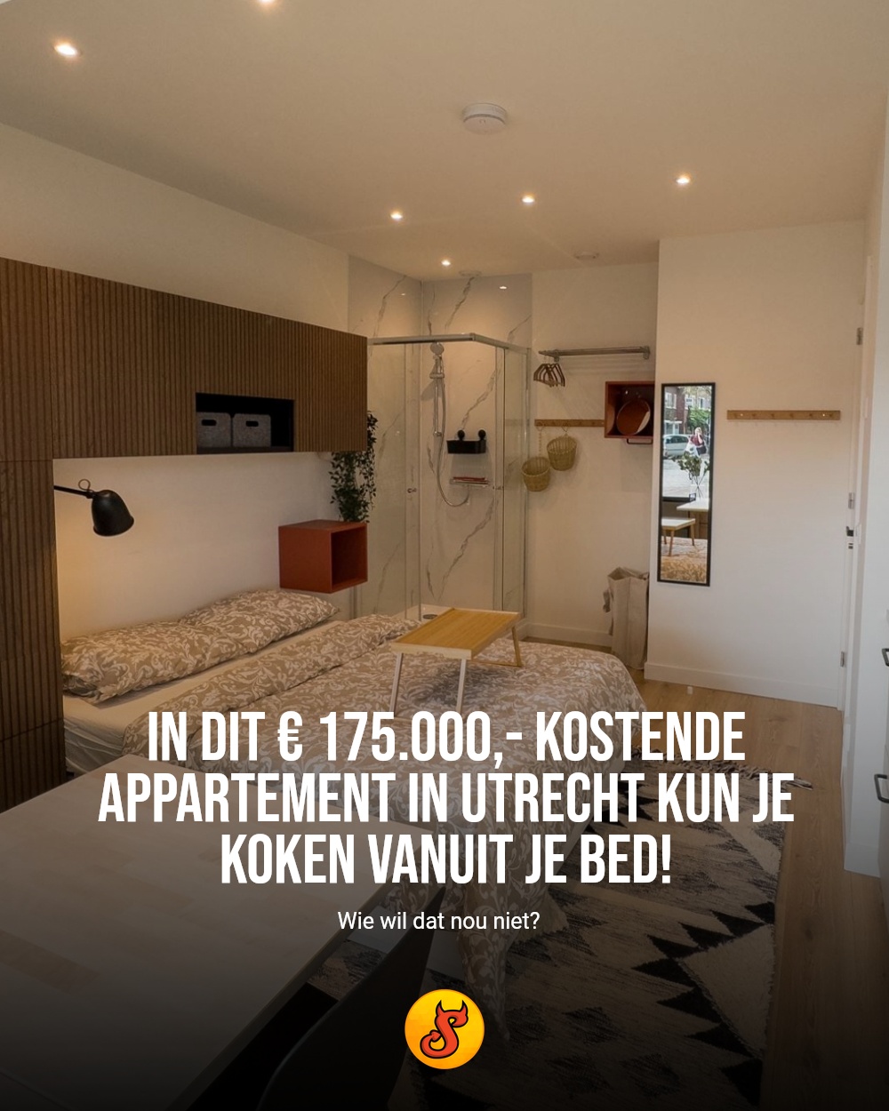 In dit € 175.000,- kostende appartement in Utrecht kun je koken vanuit je bed!