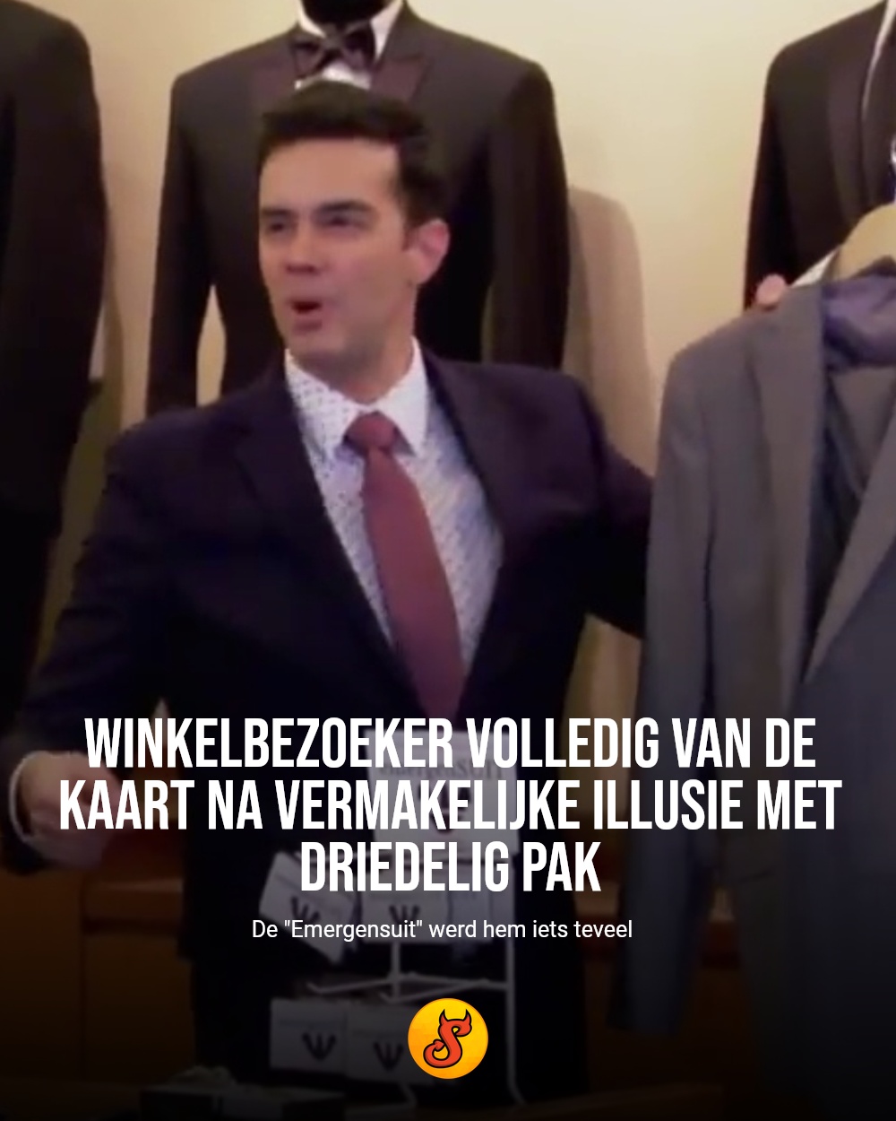 Winkelbezoeker volledig van de kaart na vermakelijke illusie met driedelig pak
