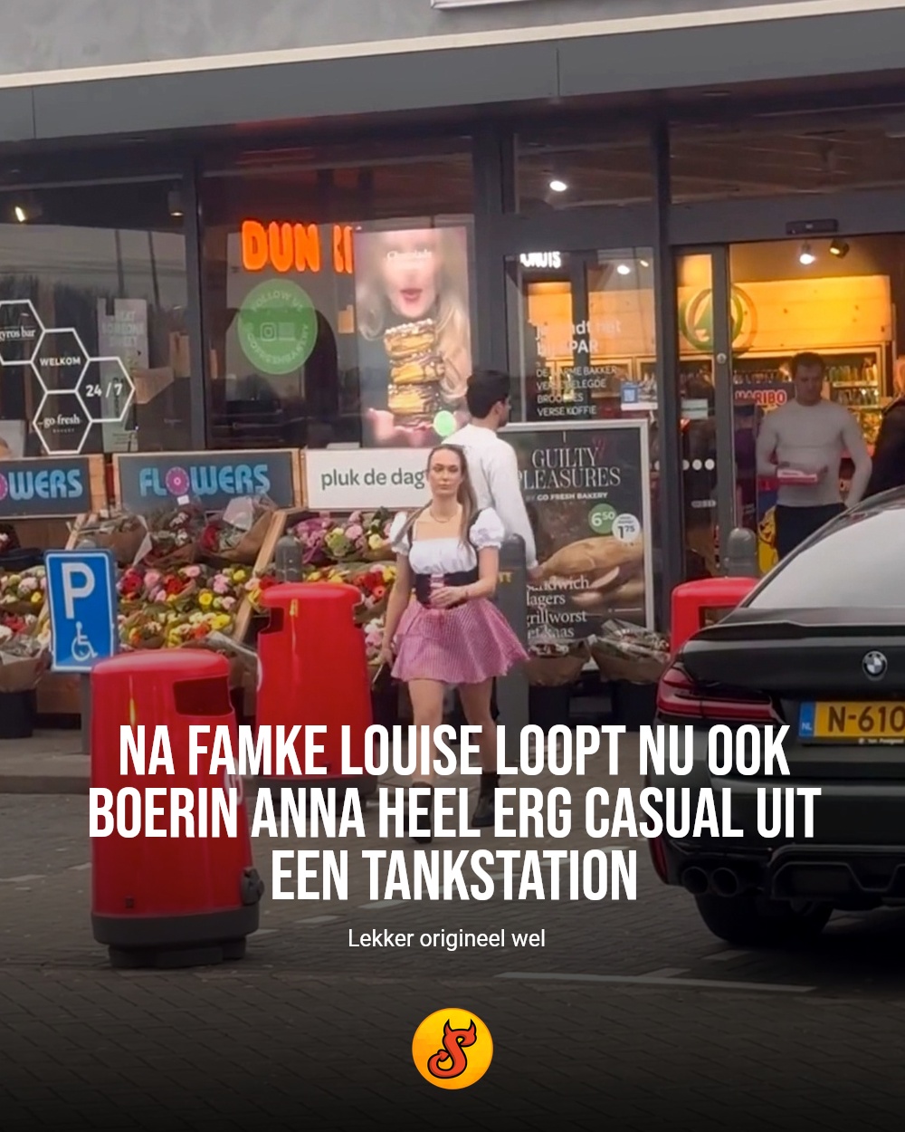 Na Famke Louise loopt nu ook Boerin Anna heel erg casual uit een tankstation