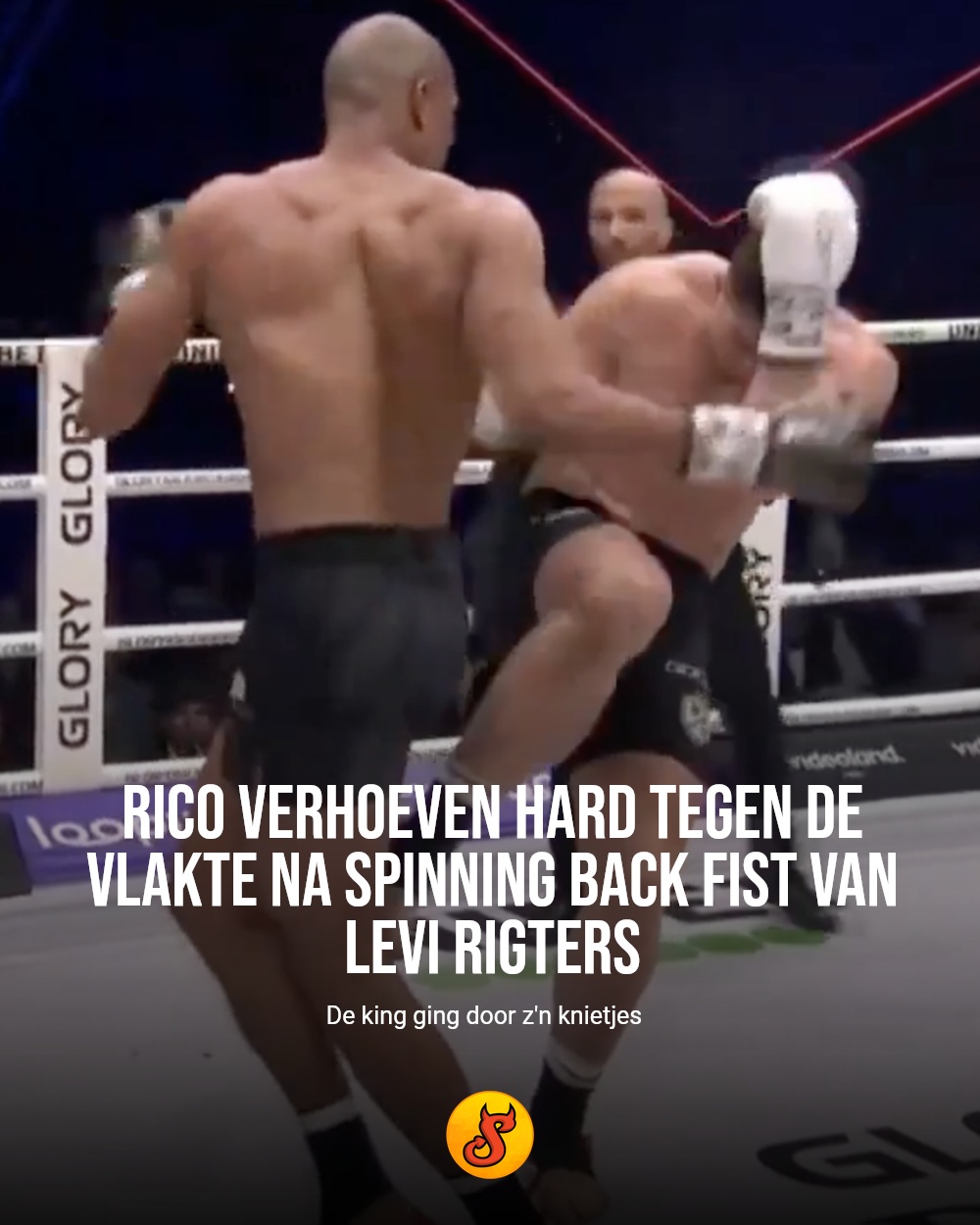 Rico Verhoeven hard tegen de vlakte na spinning back fist van Levi Rigters