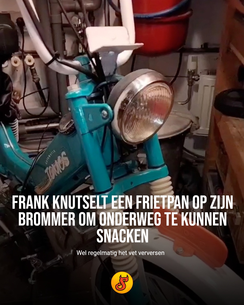 Frank knutselt een frietpan op zijn brommer om onderweg te kunnen snacken