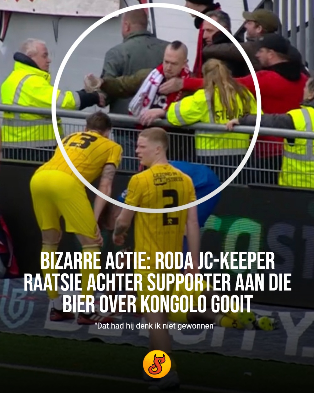 Bizarre actie: Roda JC-keeper Raatsie achter supporter aan die bier over Kongolo gooit