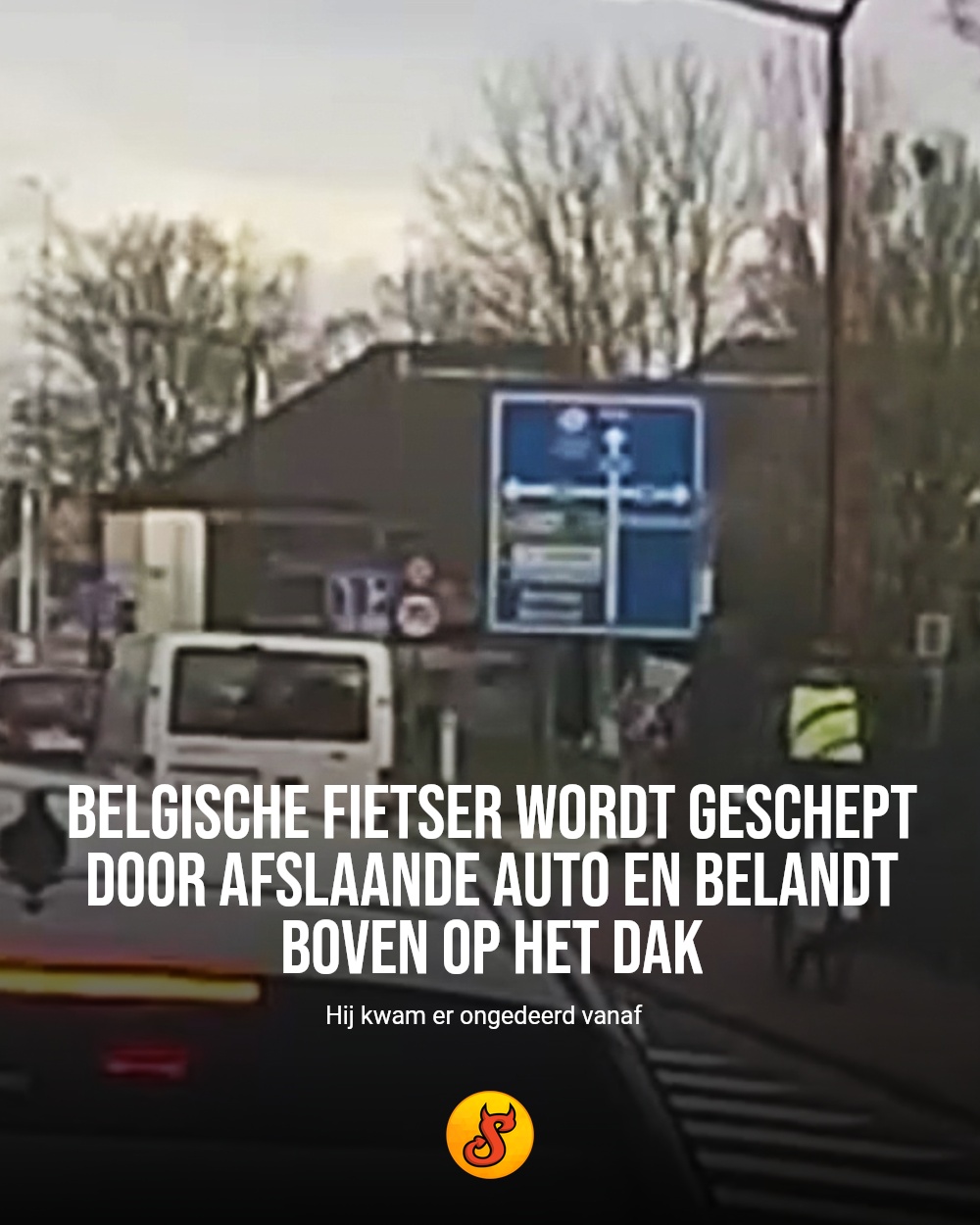Belgische fietser wordt geschept door afslaande auto en belandt boven op het dak