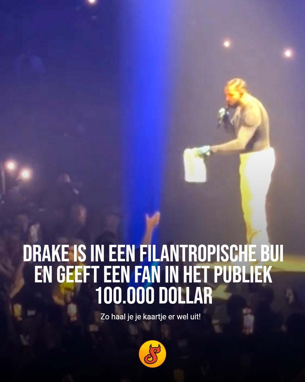 Drake is in een filantropische bui en geeft een fan in het publiek 100.000 dollar
