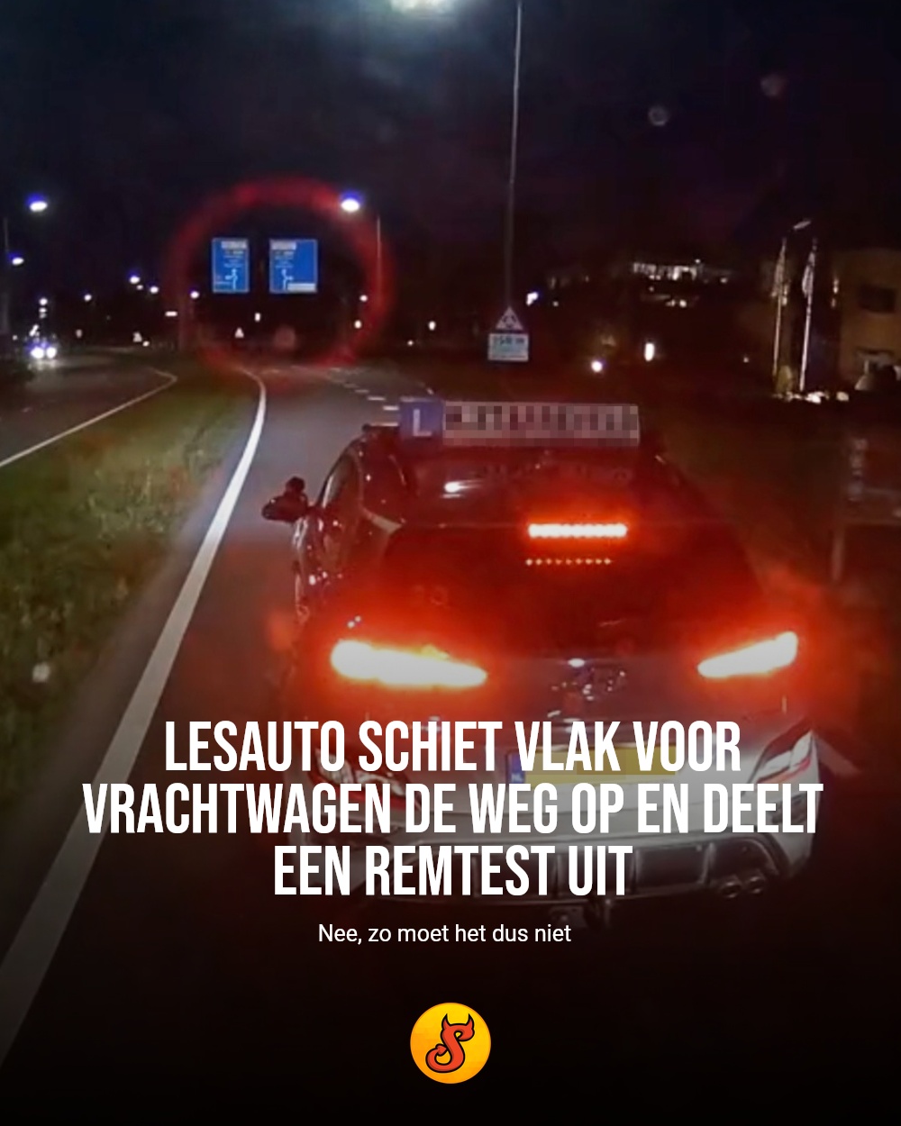Lesauto schiet vlak voor vrachtwagen de weg op en deelt een remtest uit