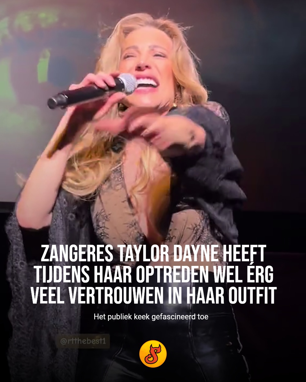 Zangeres Taylor Dayne heeft tijdens haar optreden wel érg veel vertrouwen in haar outfit
