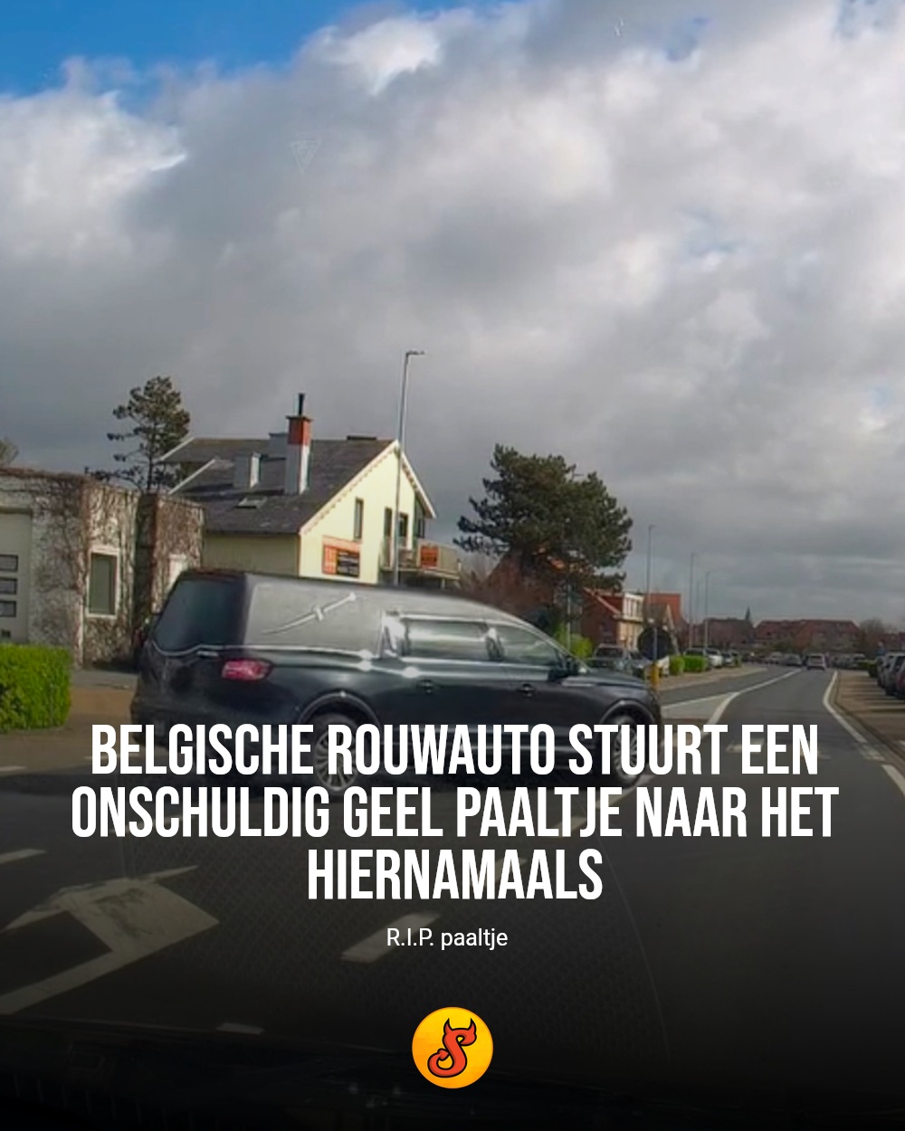 Belgische rouwauto stuurt een onschuldig geel paaltje naar het hiernamaals
