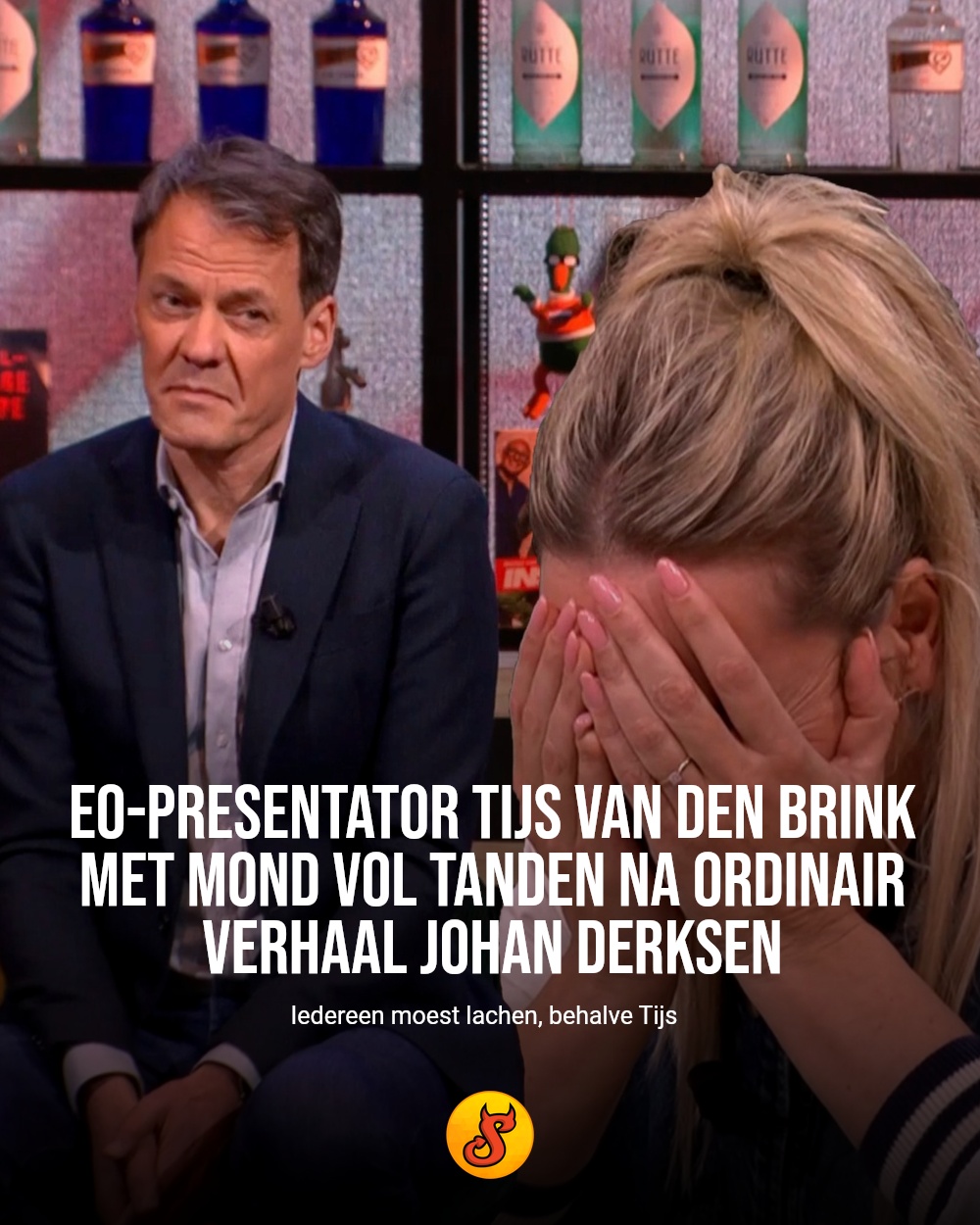 EO-presentator Tijs van den Brink met mond vol tanden na ordinair verhaal Johan Derksen