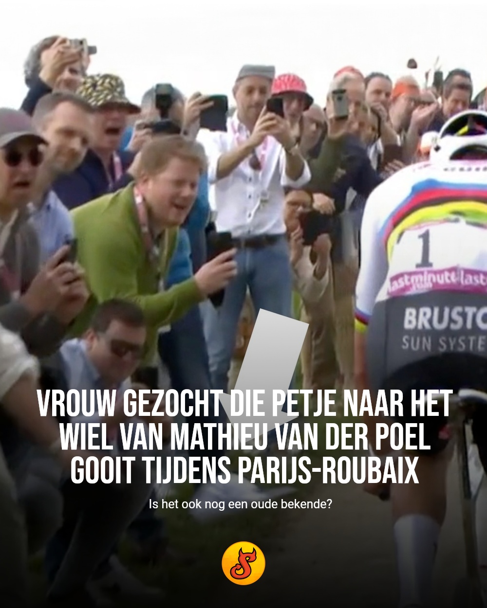 Vrouw gezocht die petje naar het wiel van Mathieu van der Poel gooit tijdens Parijs-Roubaix