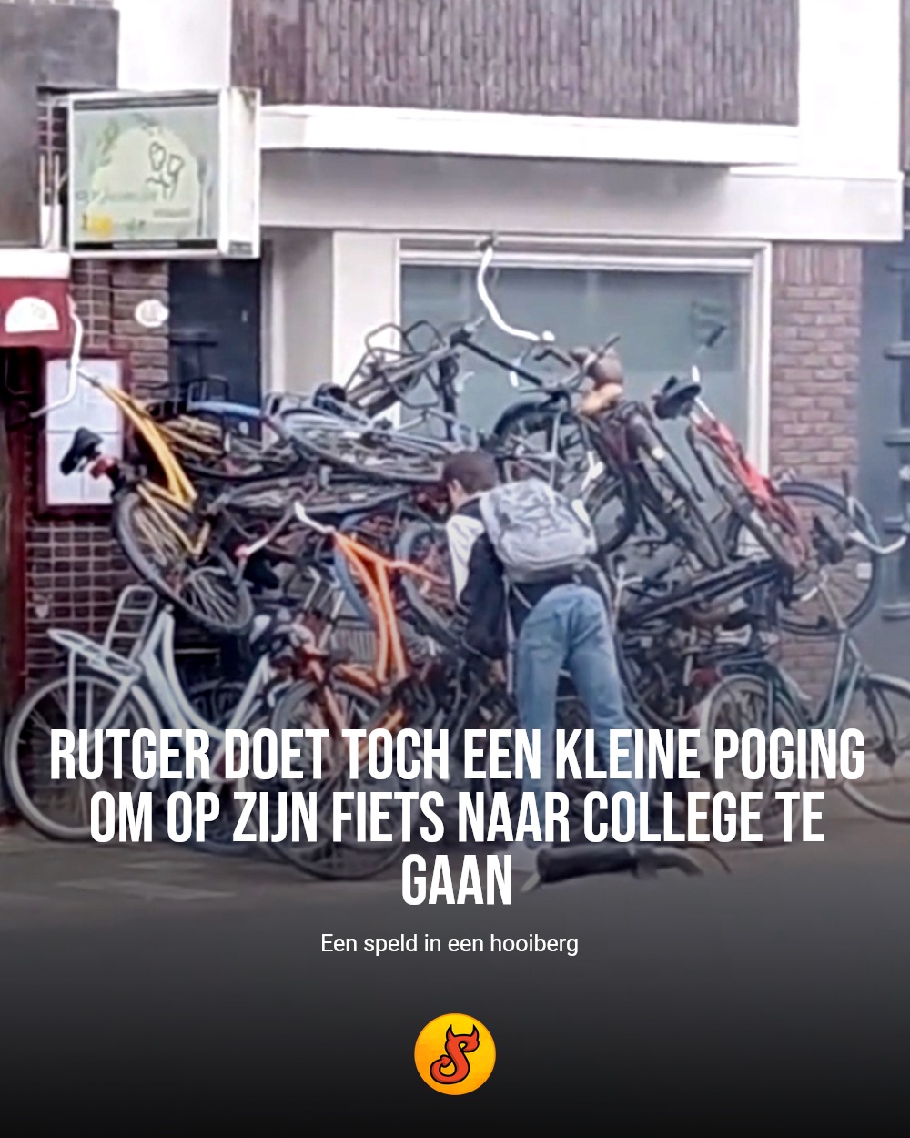 Rutger doet toch een kleine poging om op zijn fiets naar college te gaan