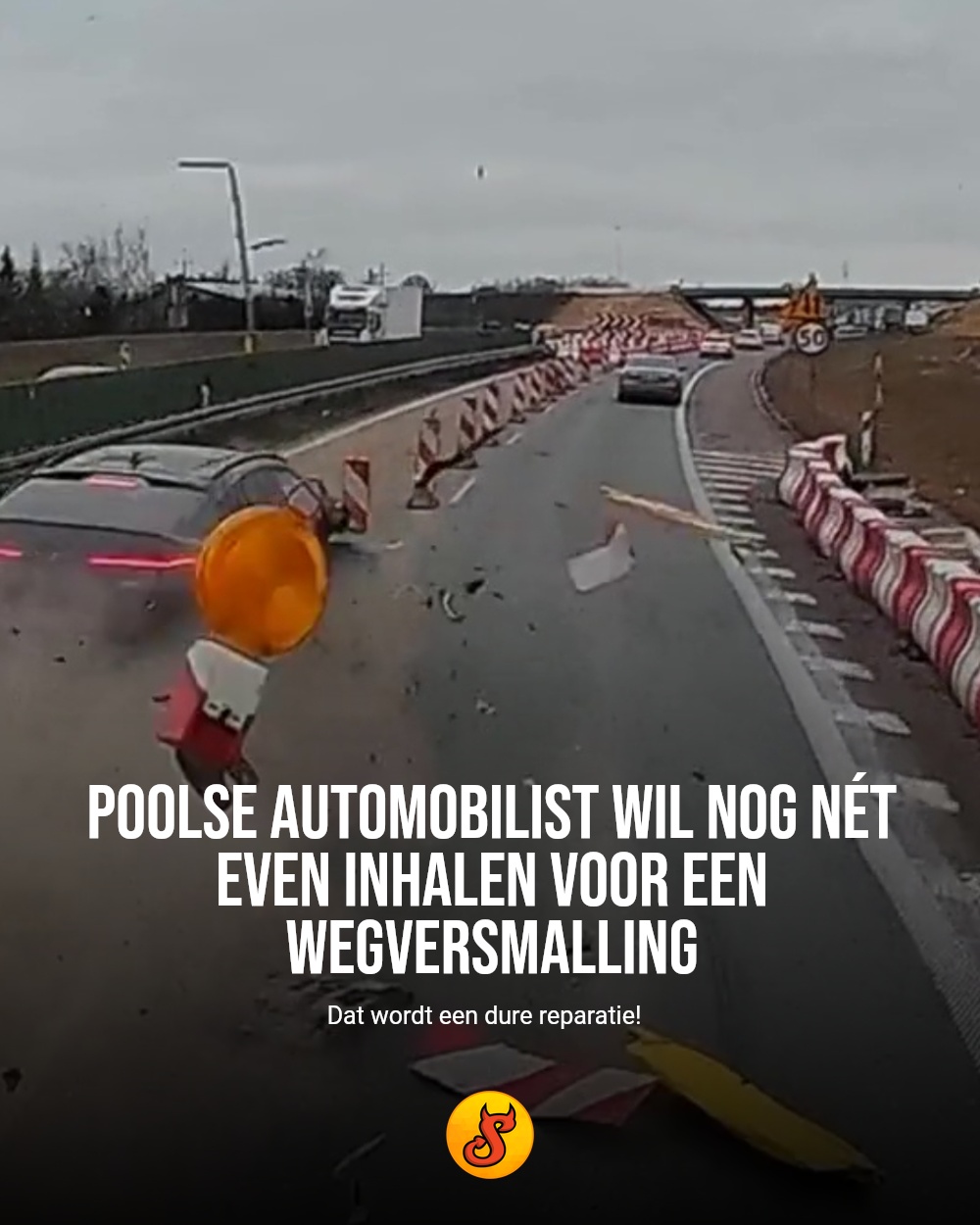 Poolse automobilist wil nog nét even inhalen voor een wegversmalling