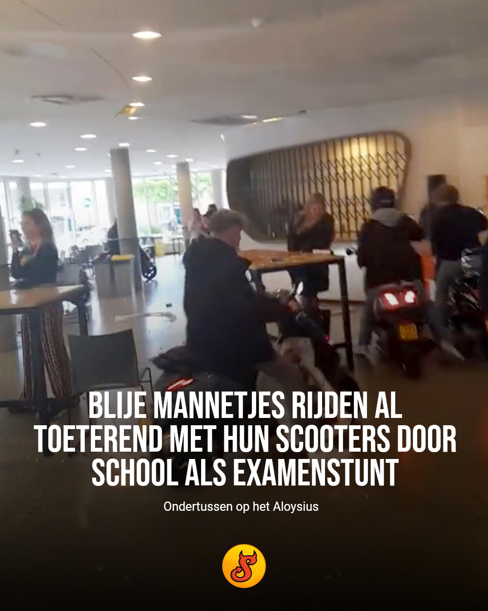 Blije mannetjes rijden al toeterend met hun scooters door school als examenstunt