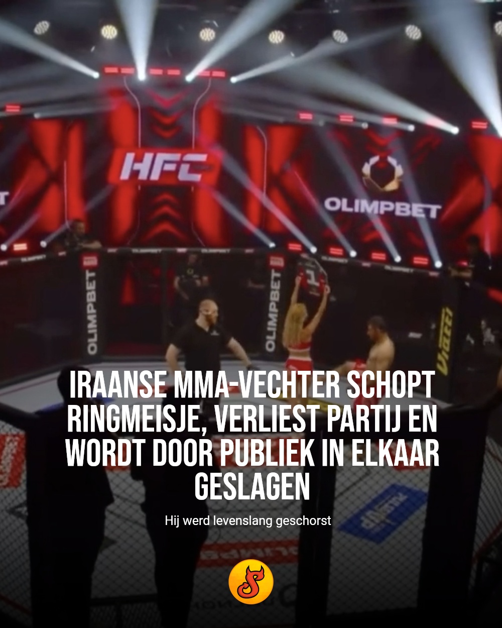 Iraanse MMA-vechter schopt ringmeisje, verliest partij en wordt door publiek in elkaar geslagen