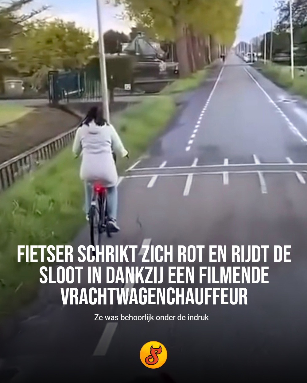 Fietser schrikt zich rot en rijdt de sloot in dankzij een filmende vrachtwagenchauffeur