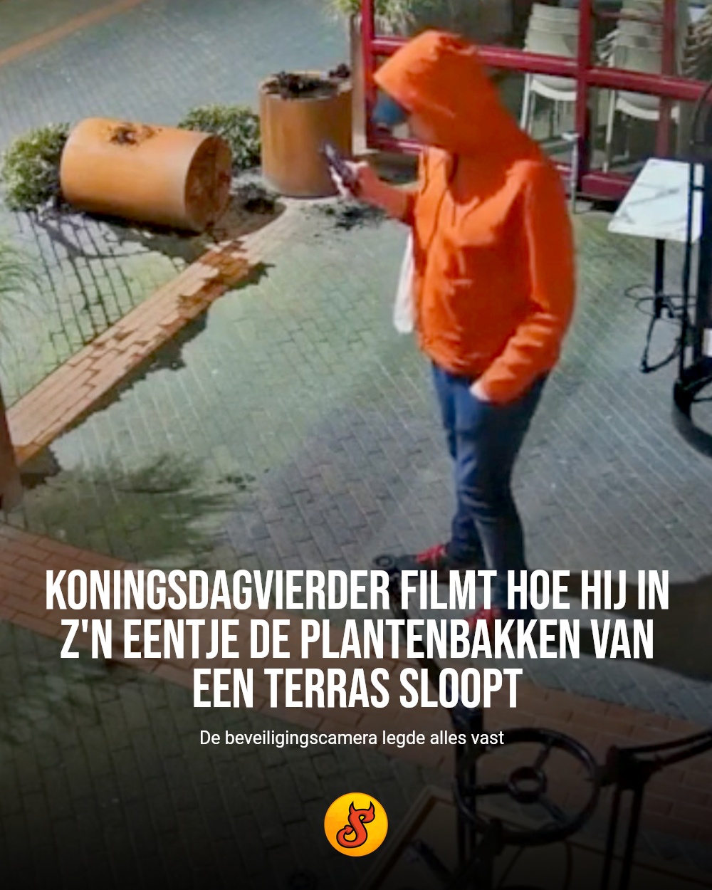 Koningsdagvierder filmt hoe hij in z'n eentje de plantenbakken van een terras sloopt