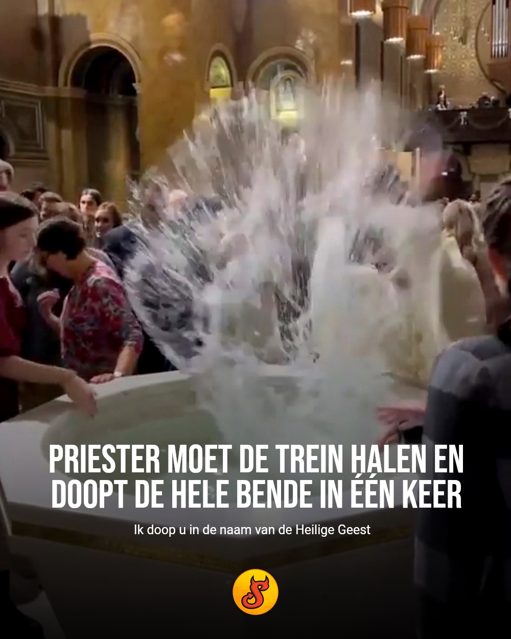 Priester moet de trein halen en doopt de hele bende in één keer