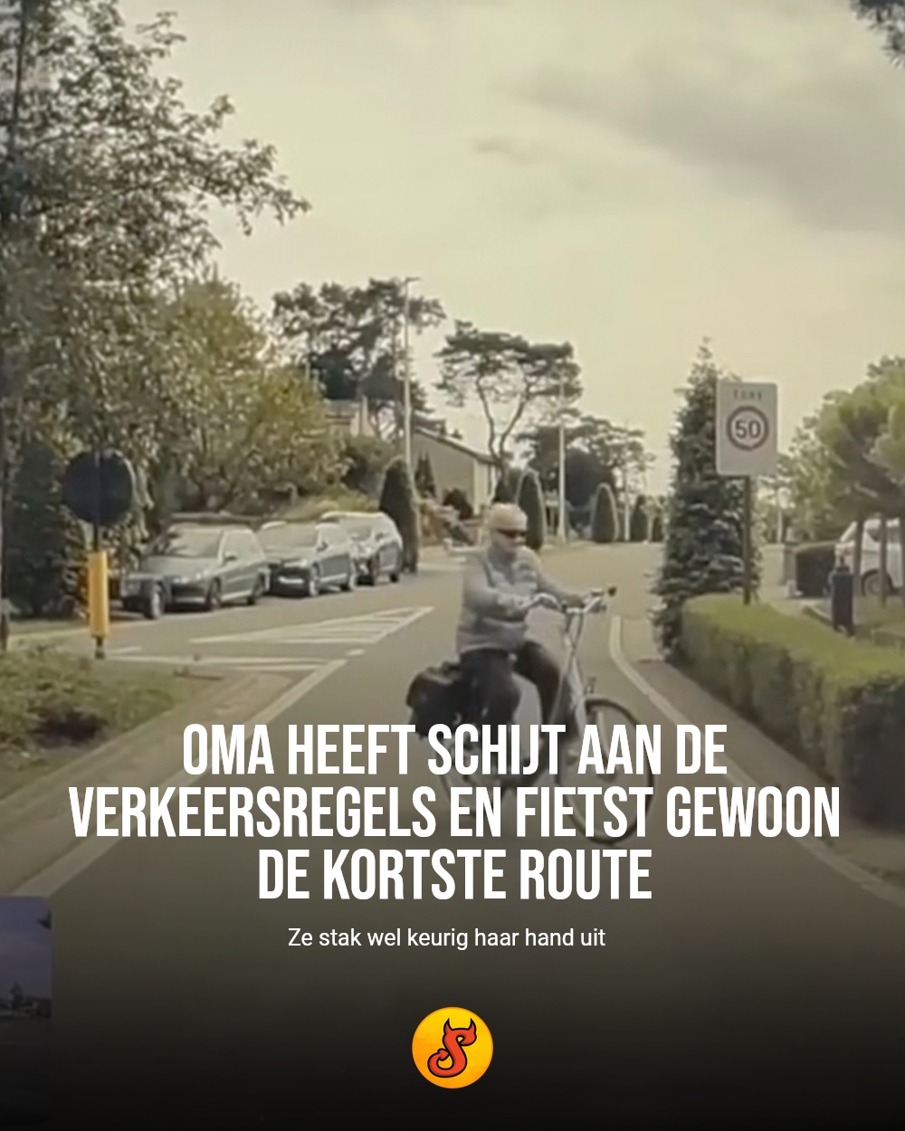 Oma heeft schijt aan de verkeersregels en fietst gewoon de kortste route
