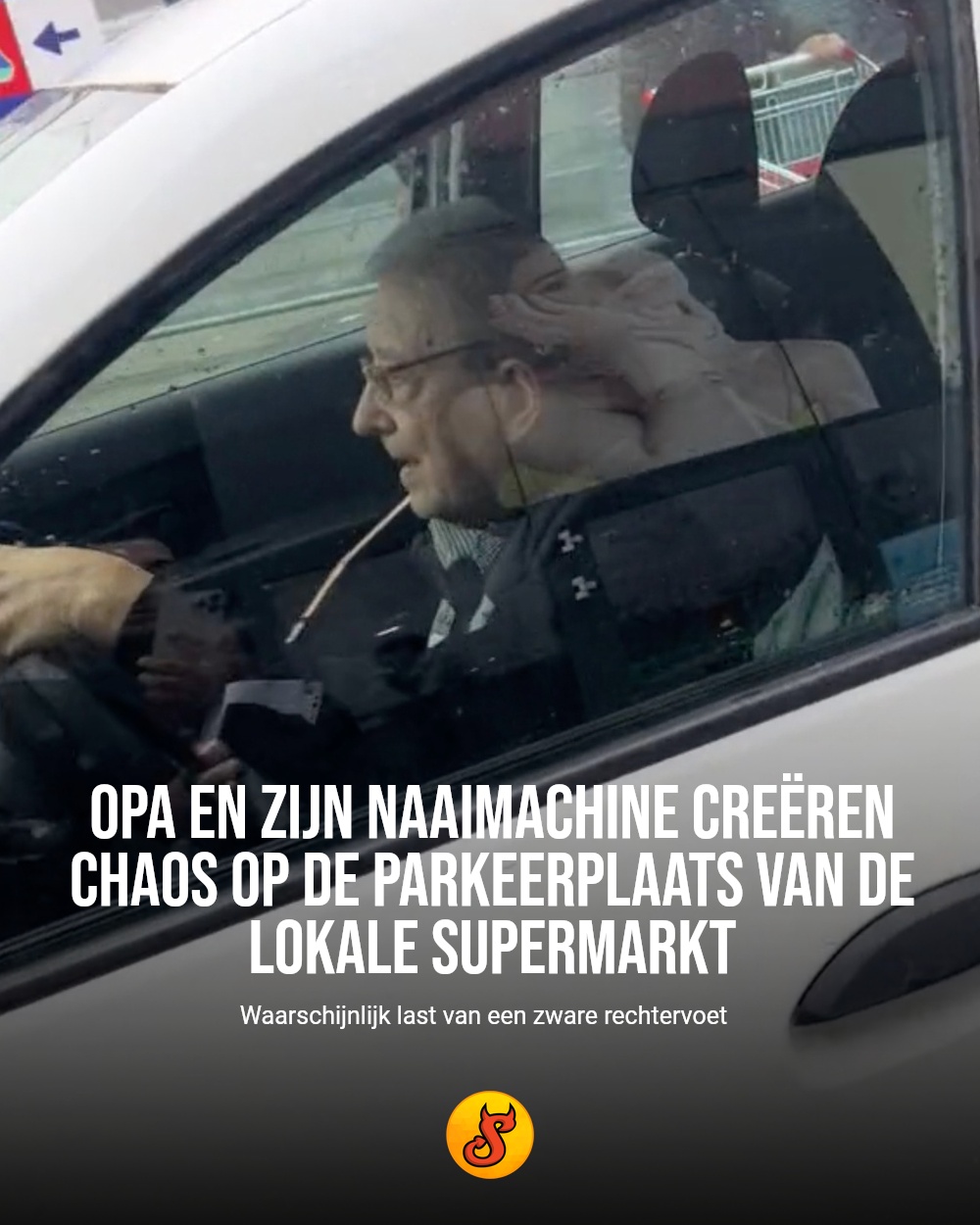 Opa en zijn naaimachine creëren chaos op de parkeerplaats van de lokale supermarkt