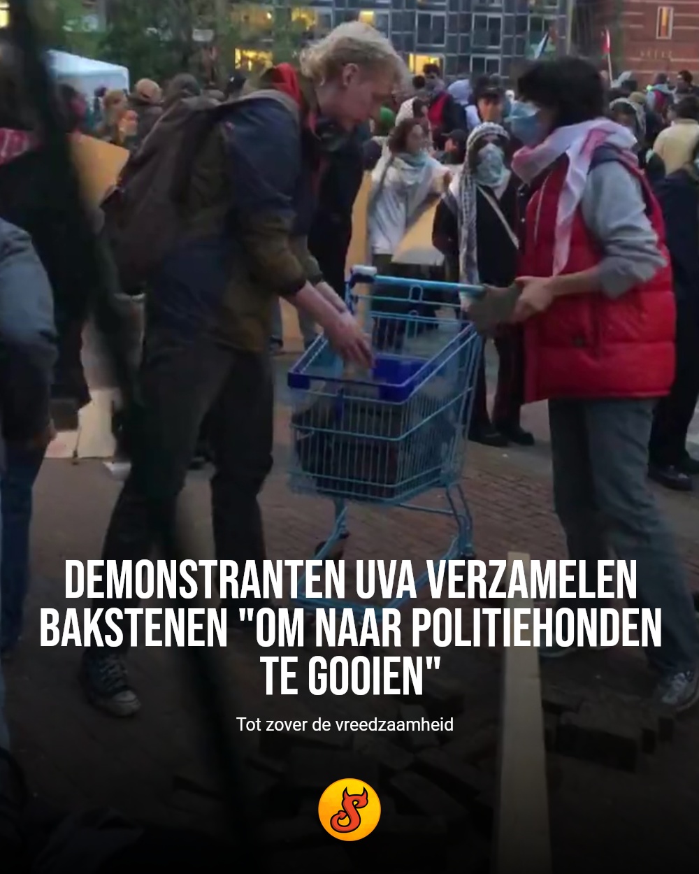 Demonstranten UvA verzamelen bakstenen "om naar politiehonden te gooien"