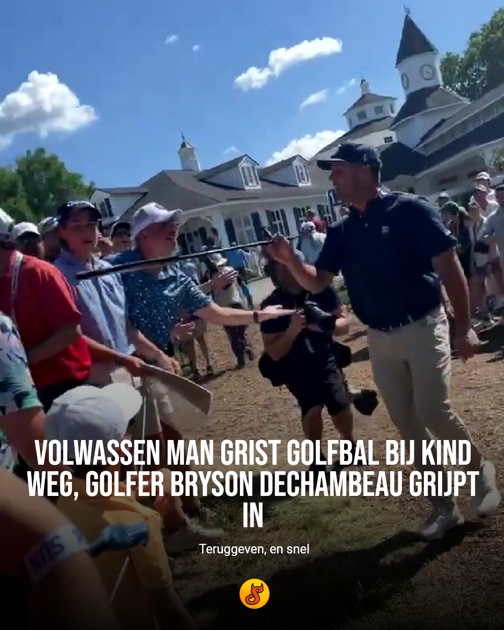 Volwassen man grist golfbal bij kind weg, golfer Bryson DeChambeau grijpt in
