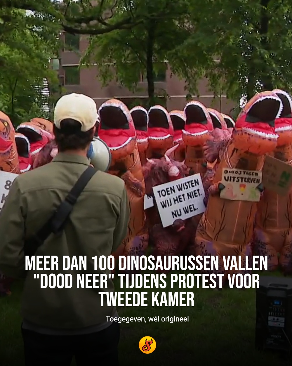 Meer dan 100 dinosaurussen vallen "dood neer" tijdens protest voor Tweede Kamer