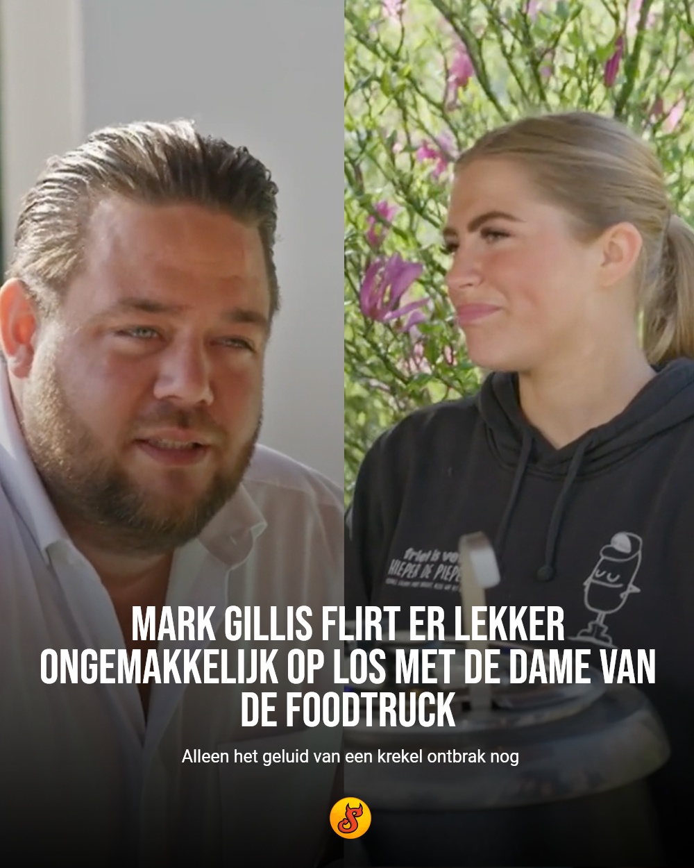 Mark Gillis flirt er lekker ongemakkelijk op los met de dame van de foodtruck