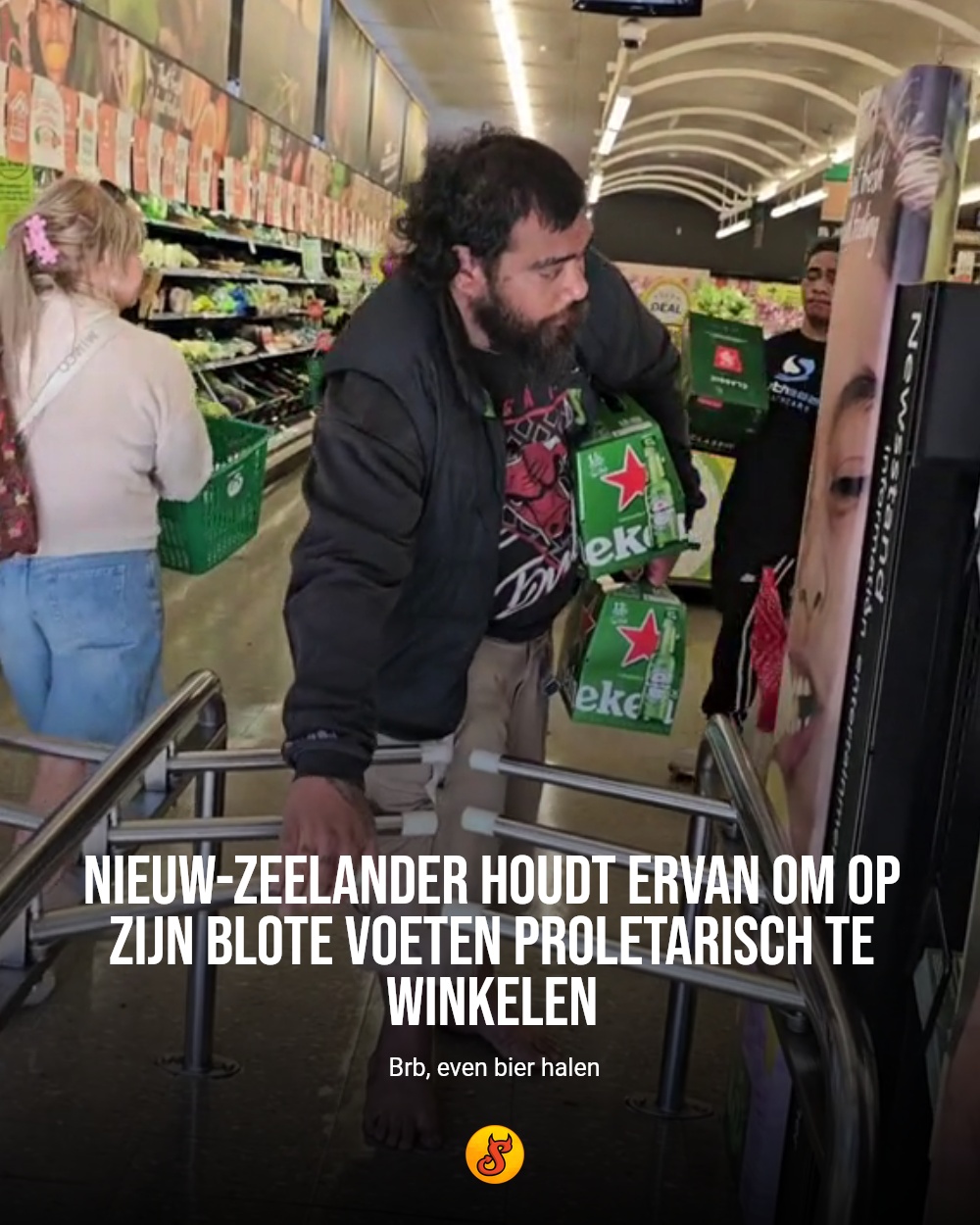 Nieuw-Zeelander houdt ervan om op zijn blote voeten proletarisch te winkelen
