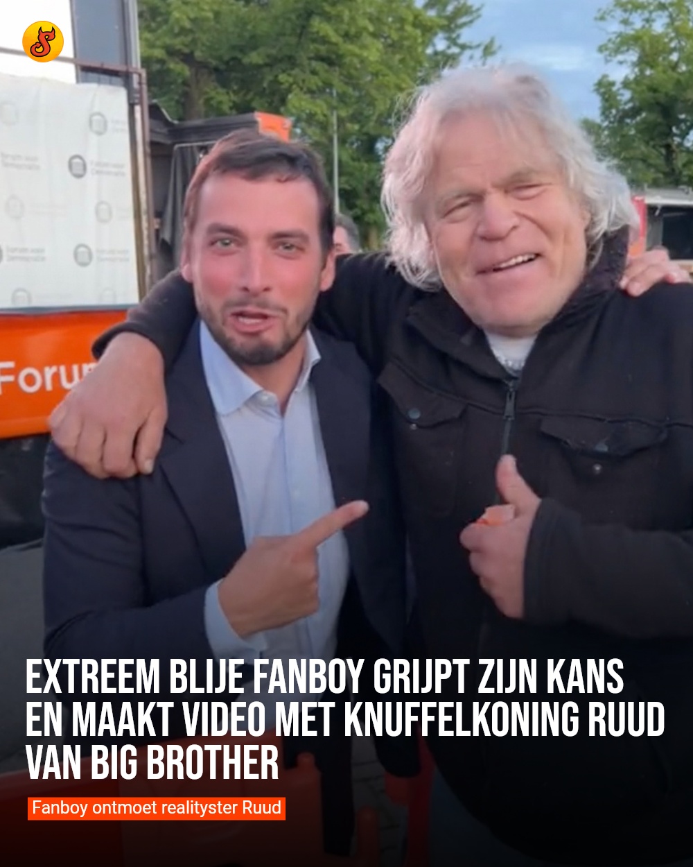 Extreem blije fanboy grijpt zijn kans en maakt video met knuffelkoning Ruud van Big Brother