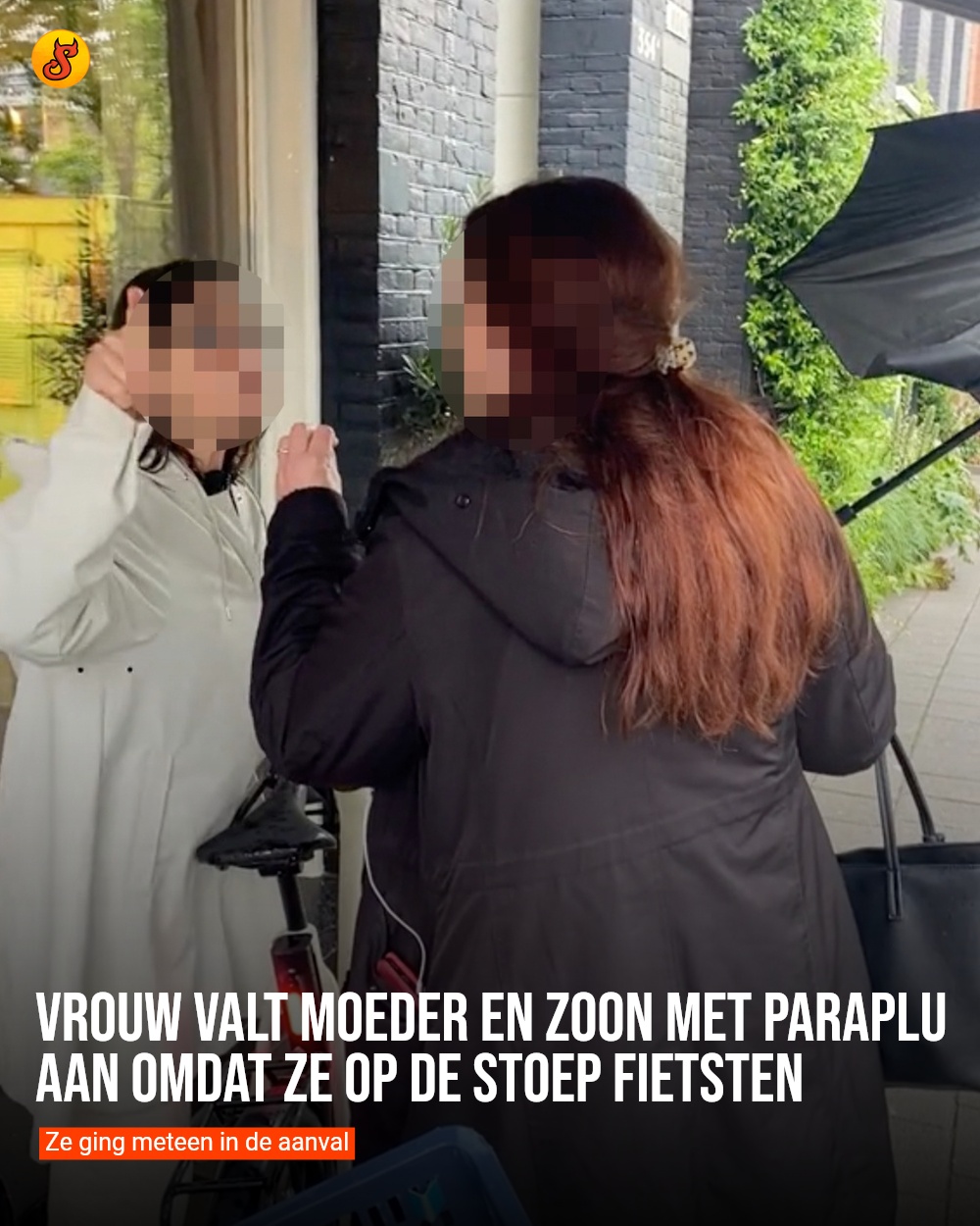 Vrouw valt moeder en zoon met paraplu aan omdat ze op de stoep fietsten