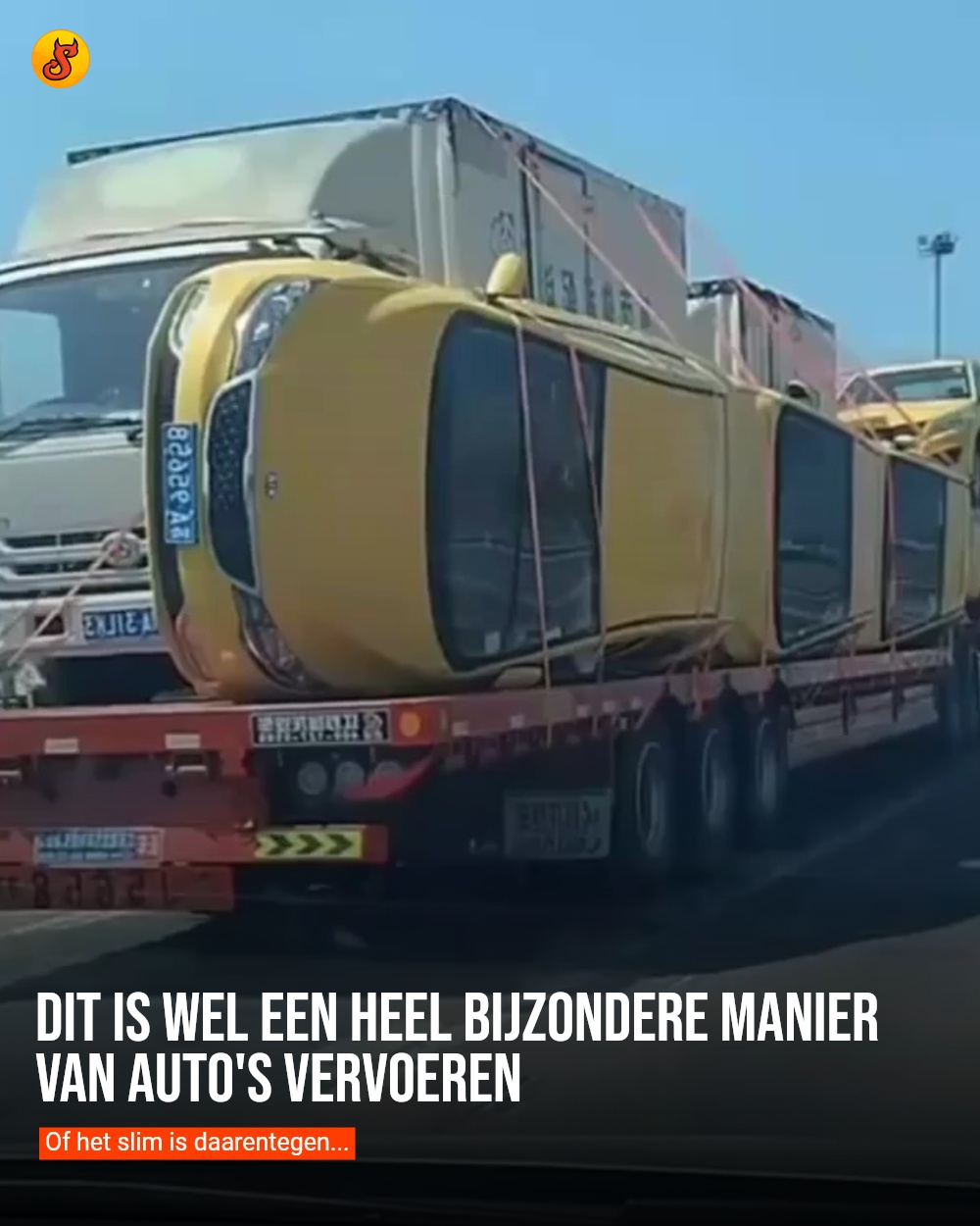 Dit is wel een heel bijzondere manier van auto's vervoeren