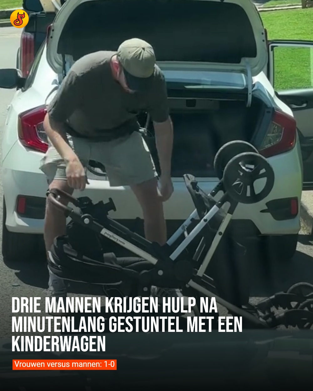 Drie mannen krijgen hulp na minutenlang gestuntel met een kinderwagen