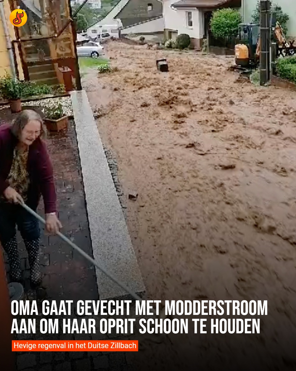 Oma gaat gevecht met modderstroom aan om haar oprit schoon te houden