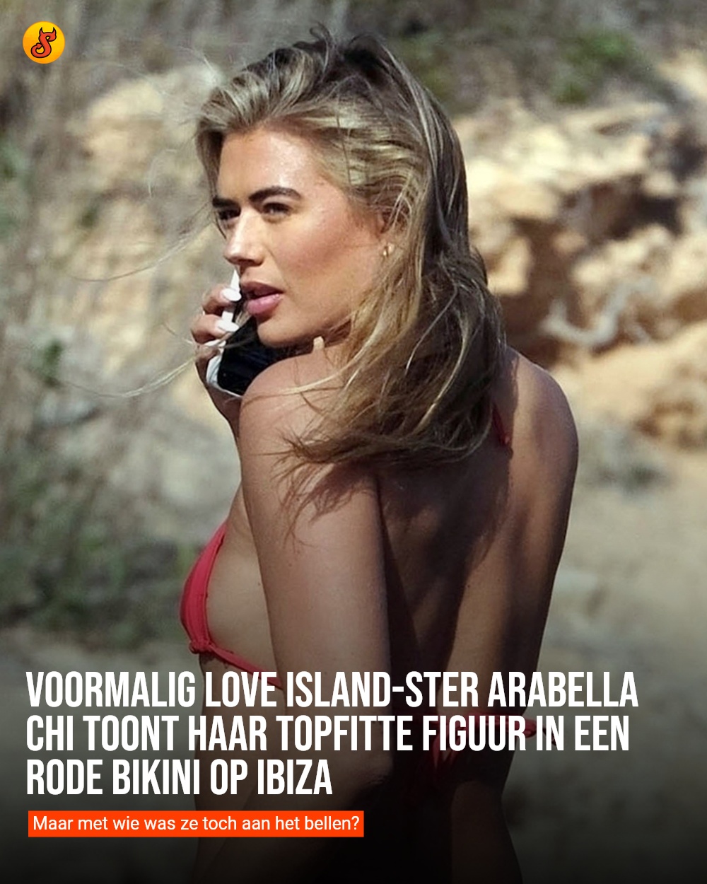 Voormalig Love Island-ster Arabella Chi toont haar topfitte figuur in een rode bikini op Ibiza
