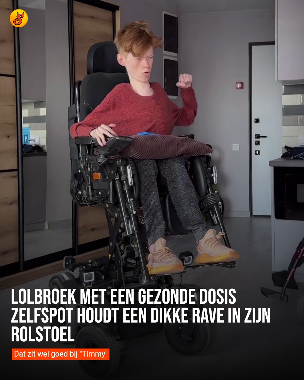Lolbroek met een gezonde dosis zelfspot houdt een dikke rave in zijn rolstoel