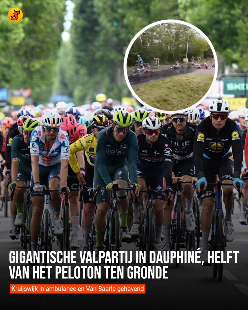 Gigantische valpartij in Dauphiné, helft van het peloton ten gronde