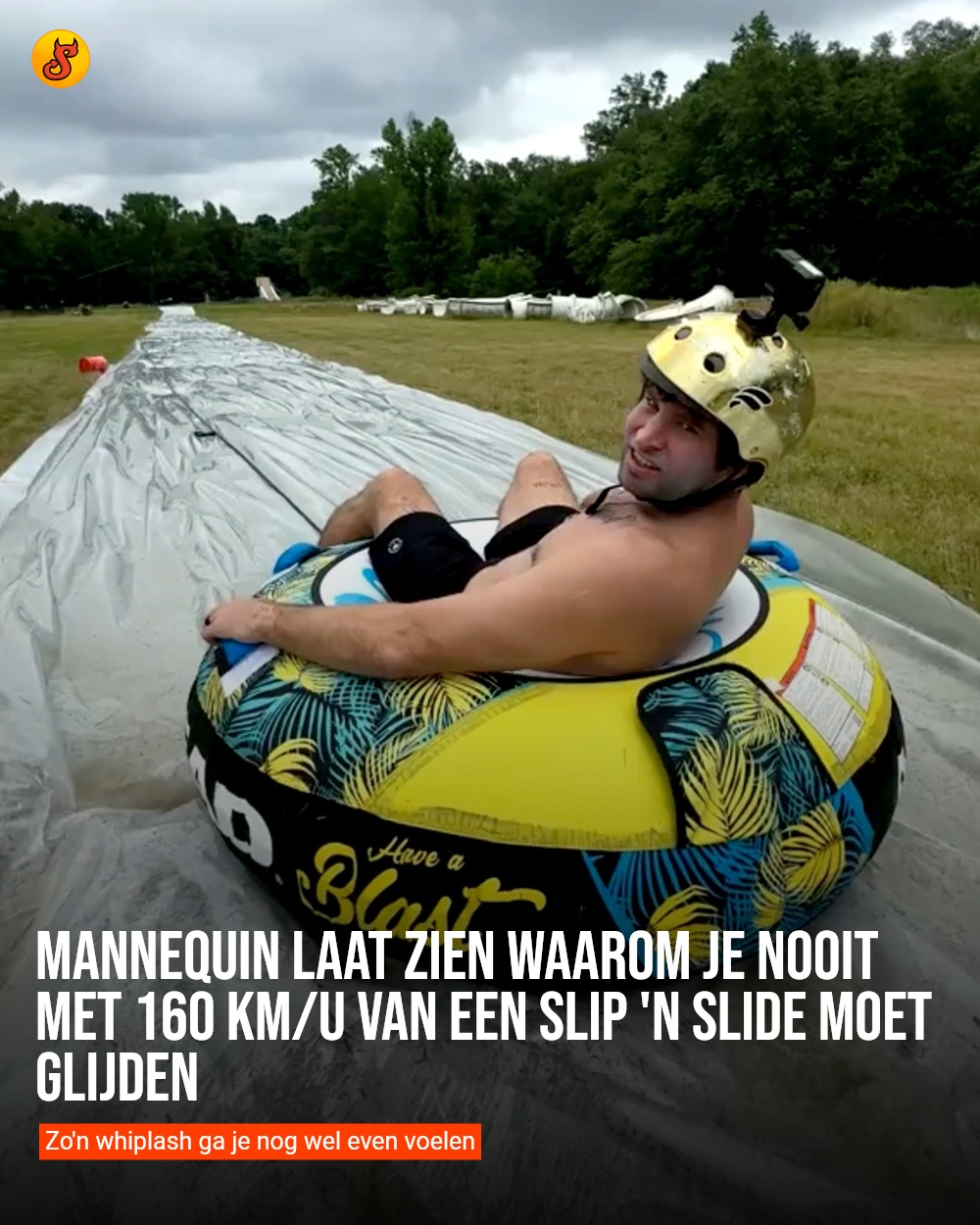 Mannequin laat zien waarom je nooit met 160 km/u van een slip 'n slide moet glijden