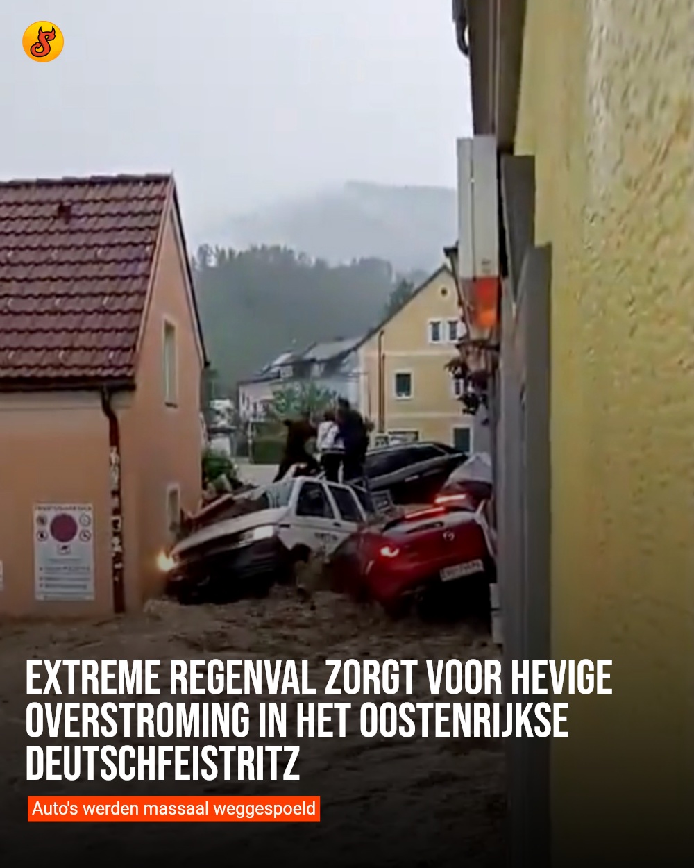 Extreme regenval zorgt voor hevige overstroming in het Oostenrijkse Deutschfeistritz