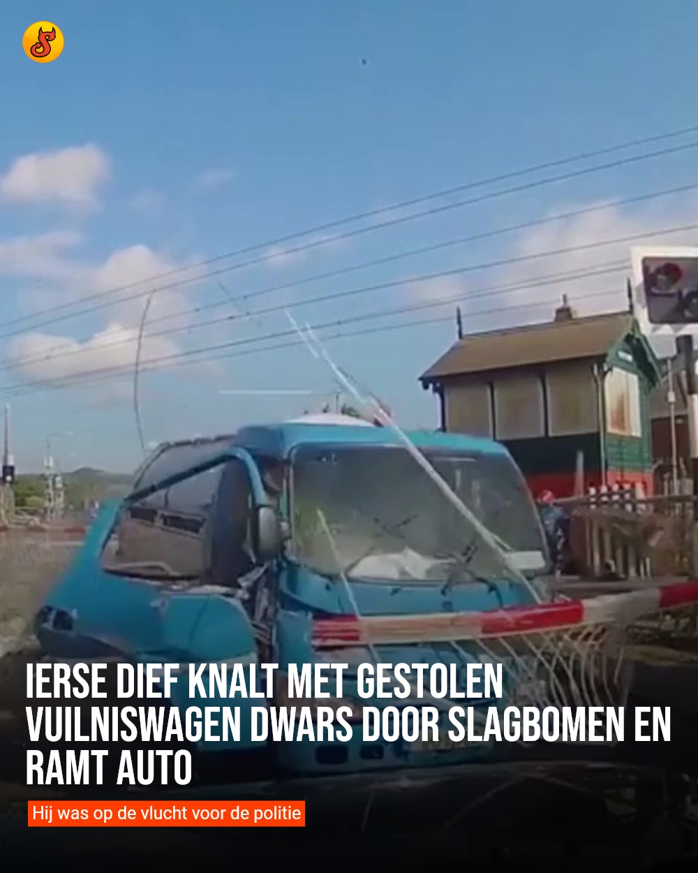 Ierse dief knalt met gestolen vuilniswagen dwars door slagbomen en ramt auto