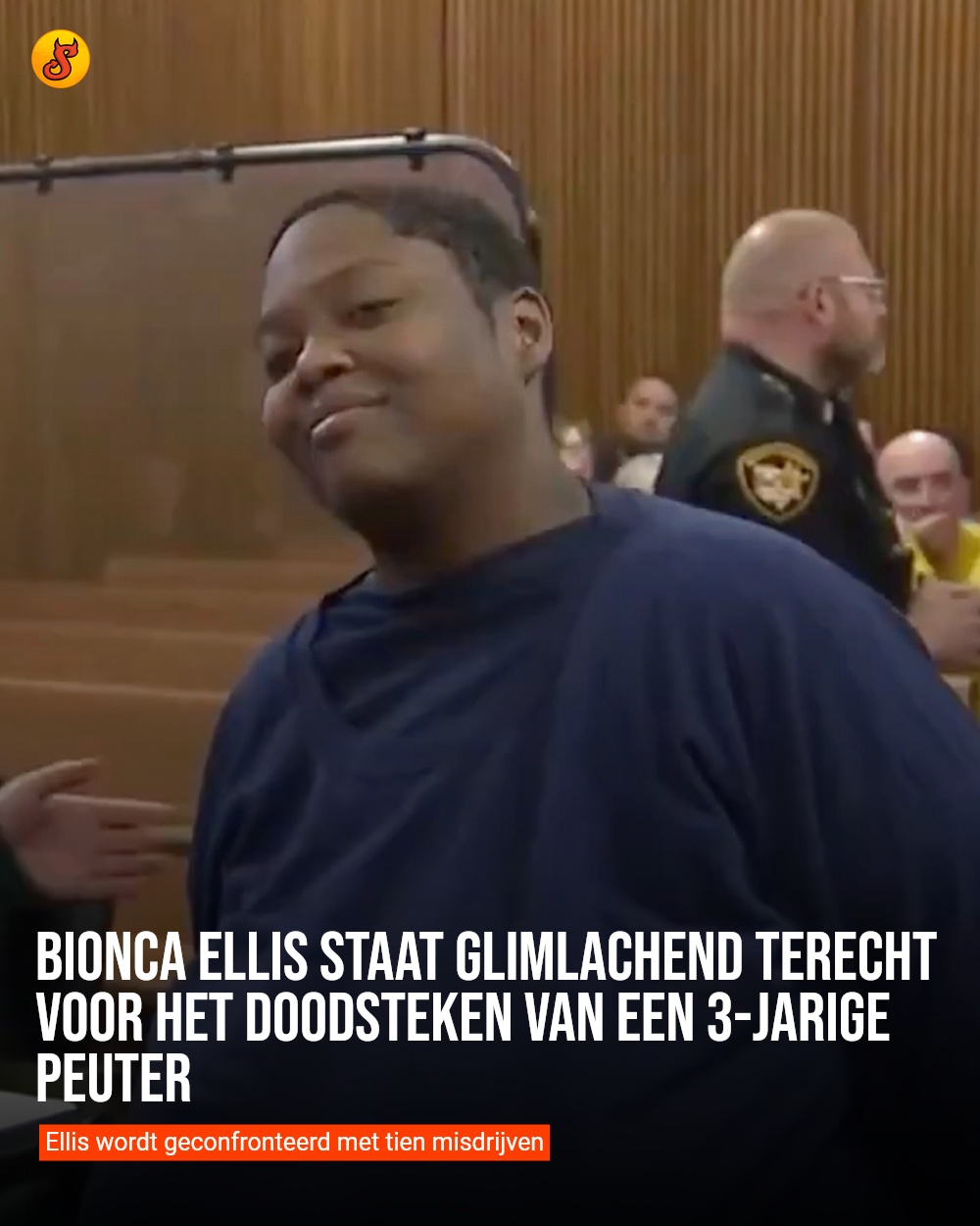 Bionca Ellis staat glimlachend terecht voor het doodsteken van een 3-jarige peuter