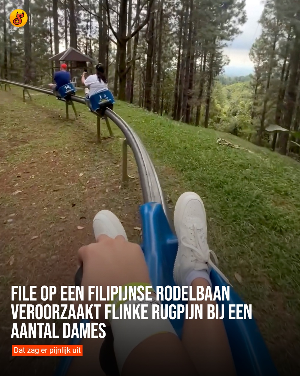 File op een Filipijnse rodelbaan veroorzaakt flinke rugpijn bij een aantal dames