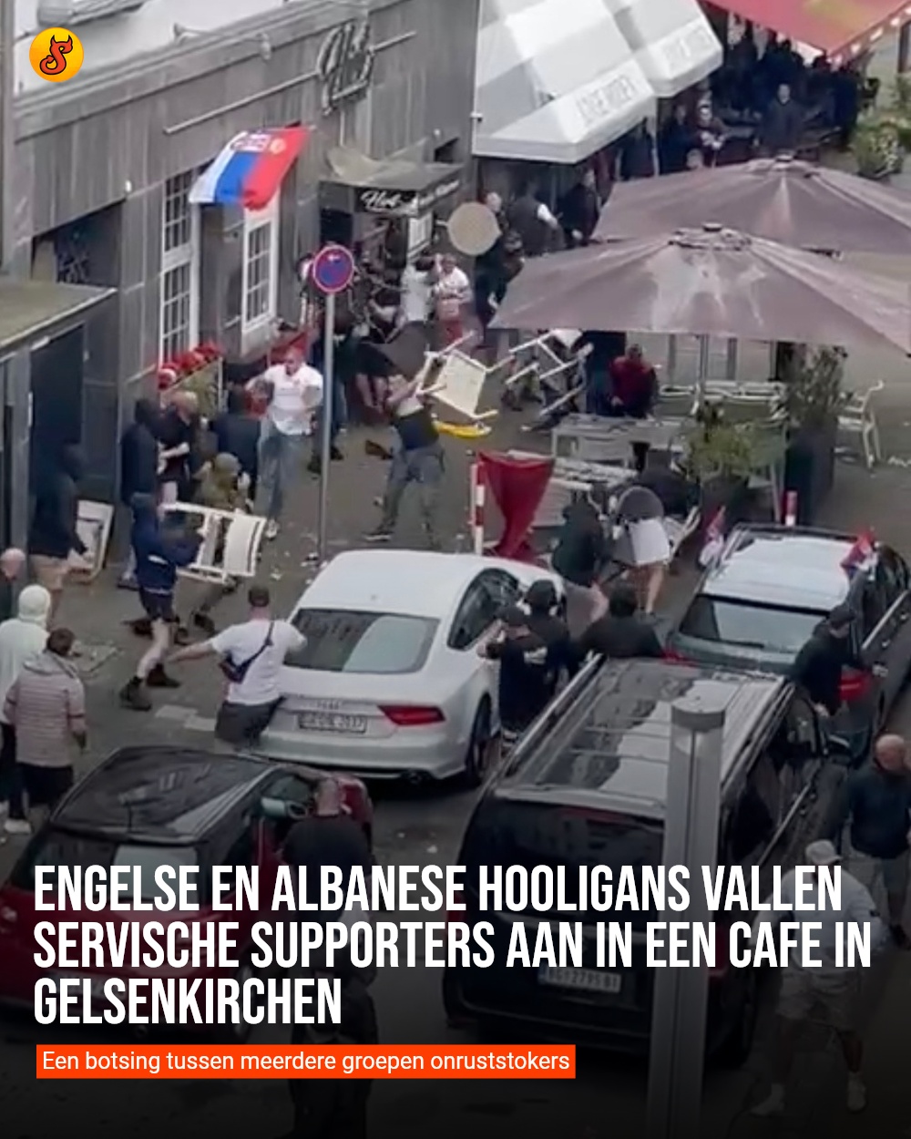 Engelse en Albanese hooligans vallen Servische supporters aan in een cafe in Gelsenkirchen