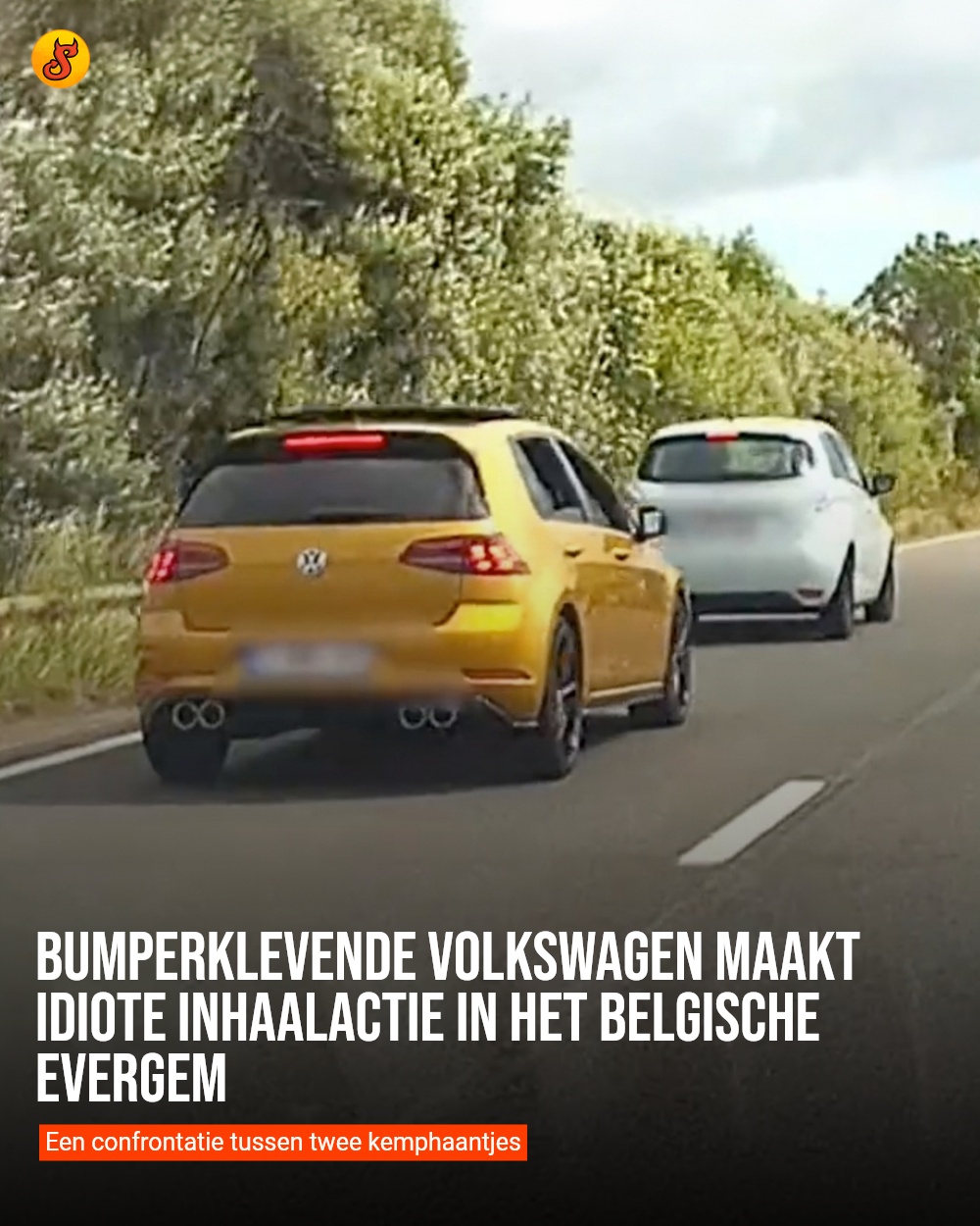 Bumperklevende Volkswagen maakt idiote inhaalactie in het Belgische Evergem