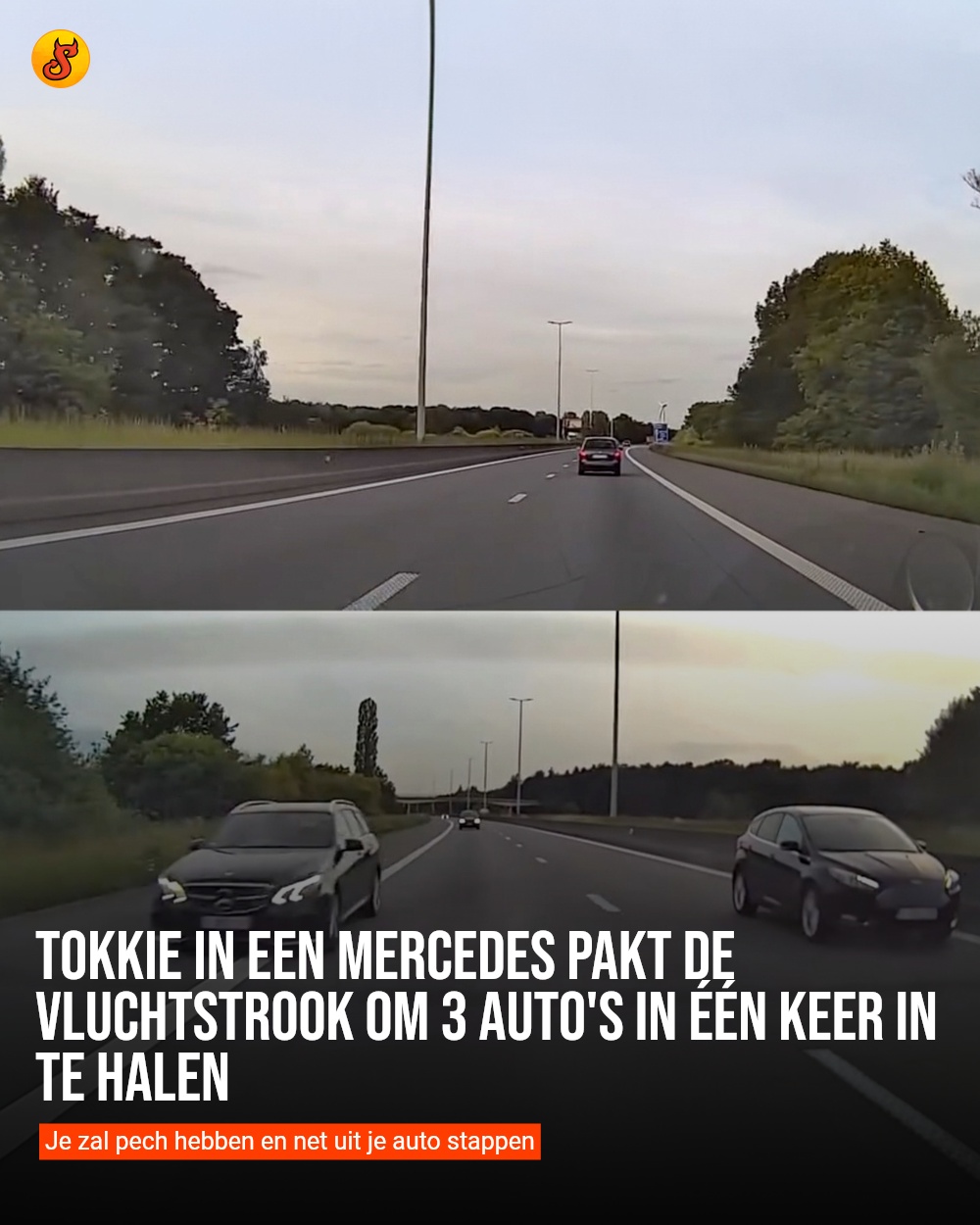 Tokkie in een Mercedes pakt de vluchtstrook om 3 auto's in één keer in te halen