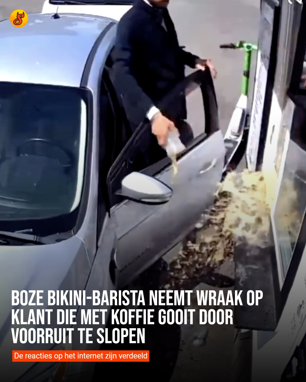 Boze bikini-barista neemt wraak op klant die met koffie gooit door voorruit te slopen