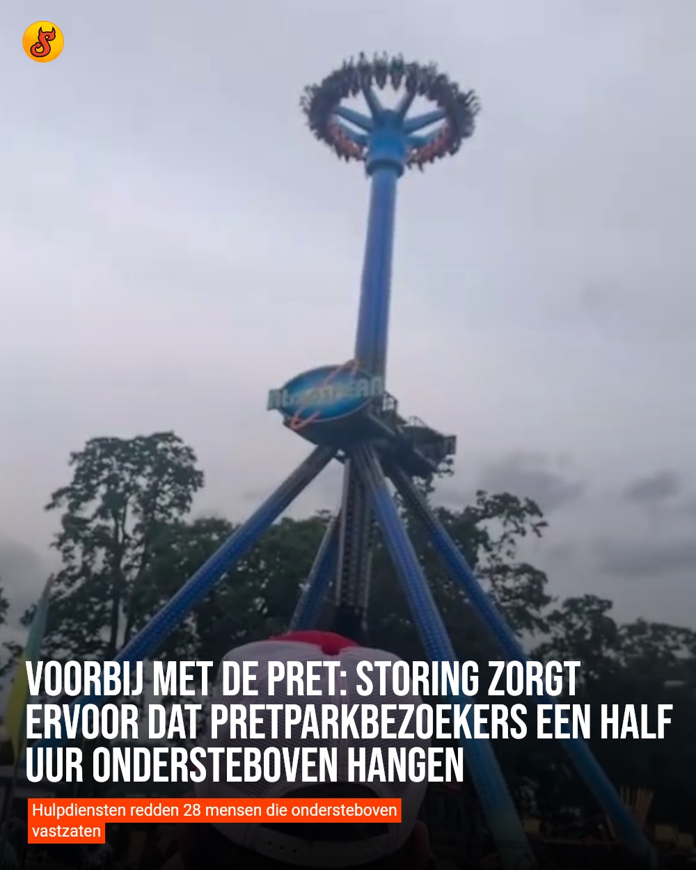 Voorbij met de pret: storing zorgt ervoor dat pretparkbezoekers een half uur ondersteboven hangen
